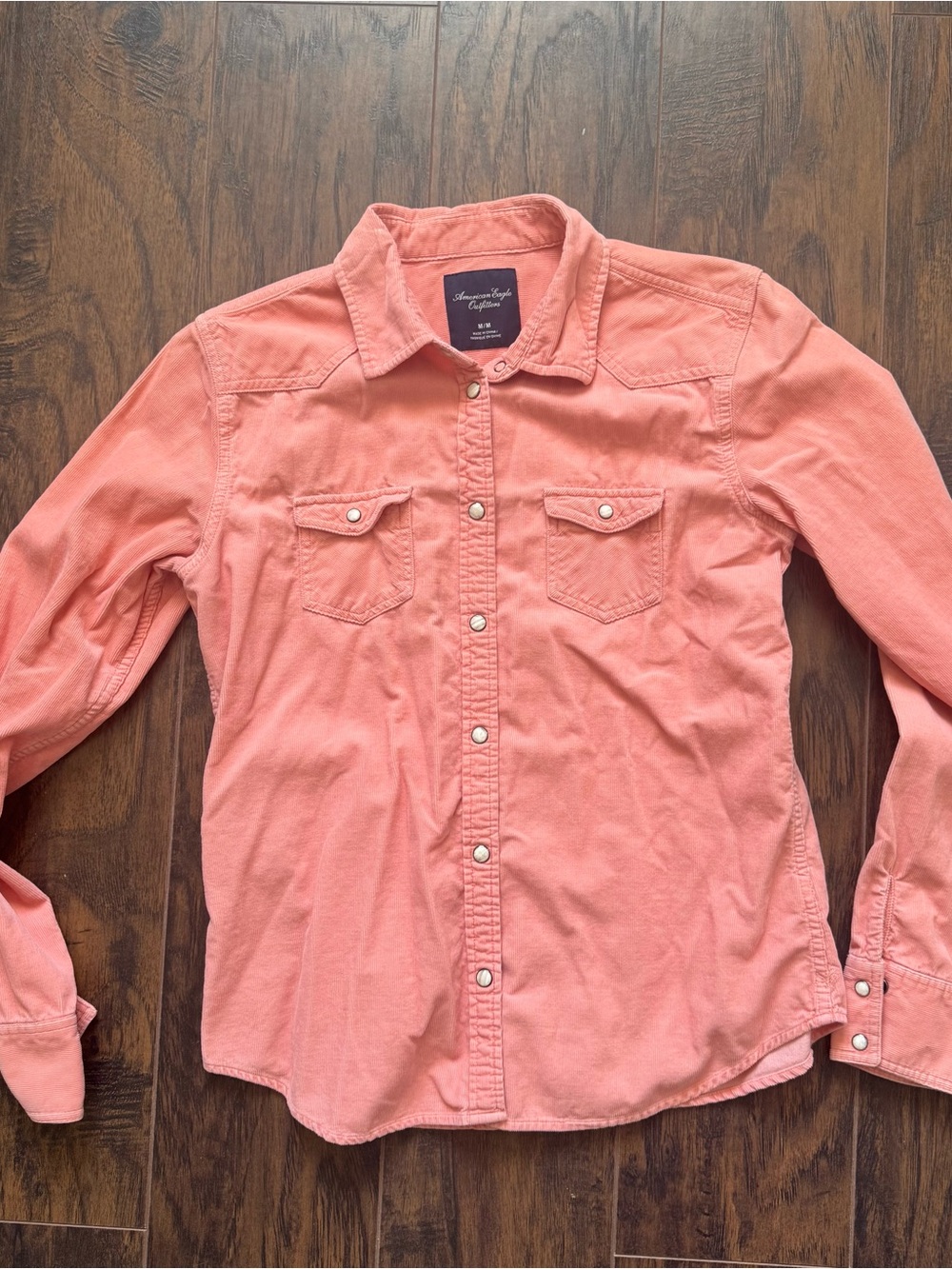 American Eagle Outfitters Medium Peach Corduroy Pearl Snap Long Sleeve Shirt